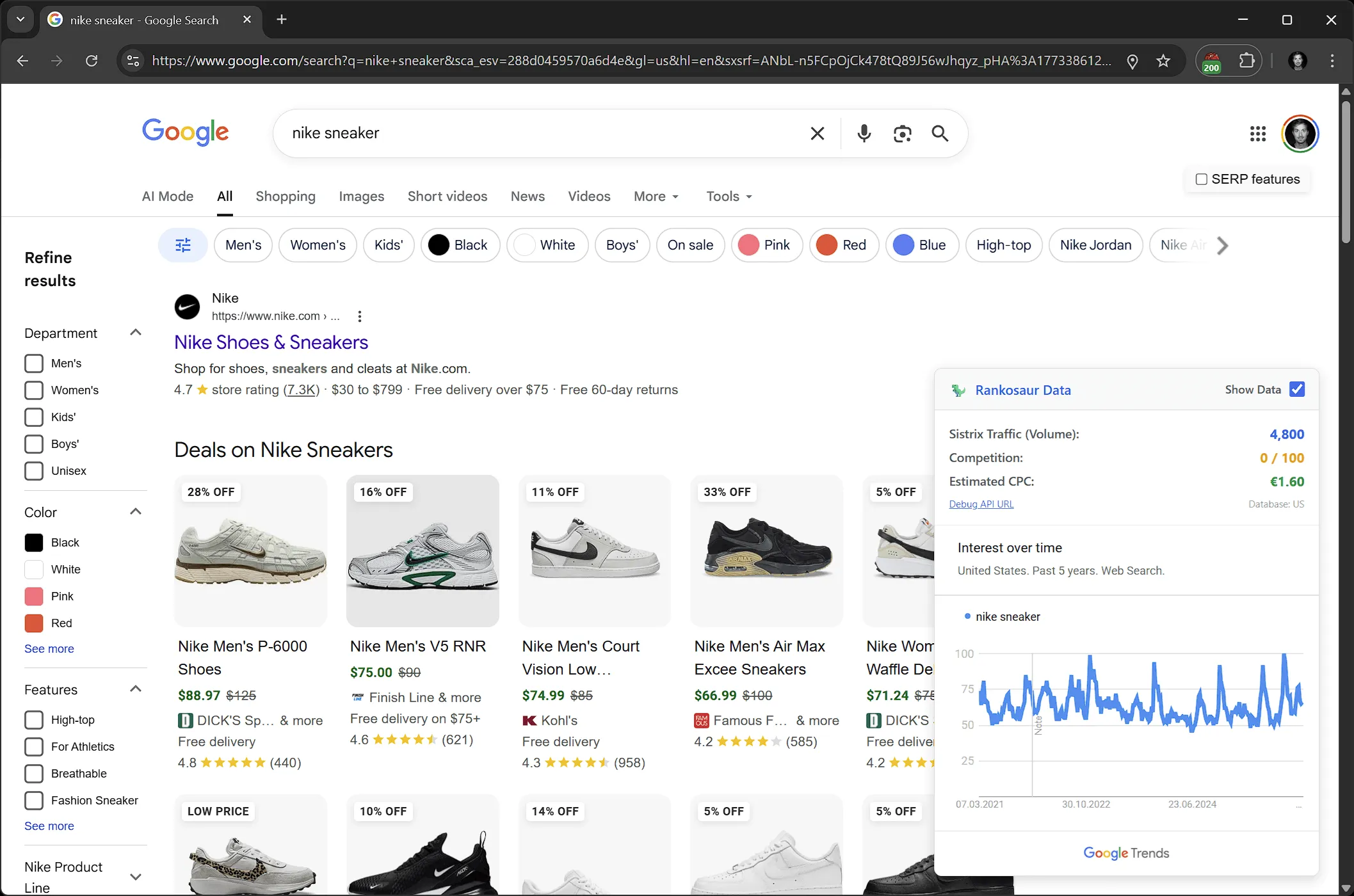 Rank-O-Saur Such-Widget mit Suchvolumen und Google Trends